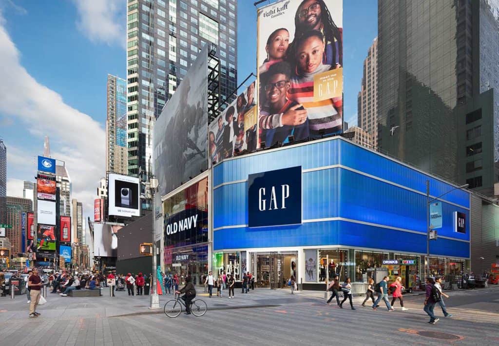 blue polycarbonate wall panels - EXTECH's LIGHTWALL 3440 for Gap in Times Square, NYC
