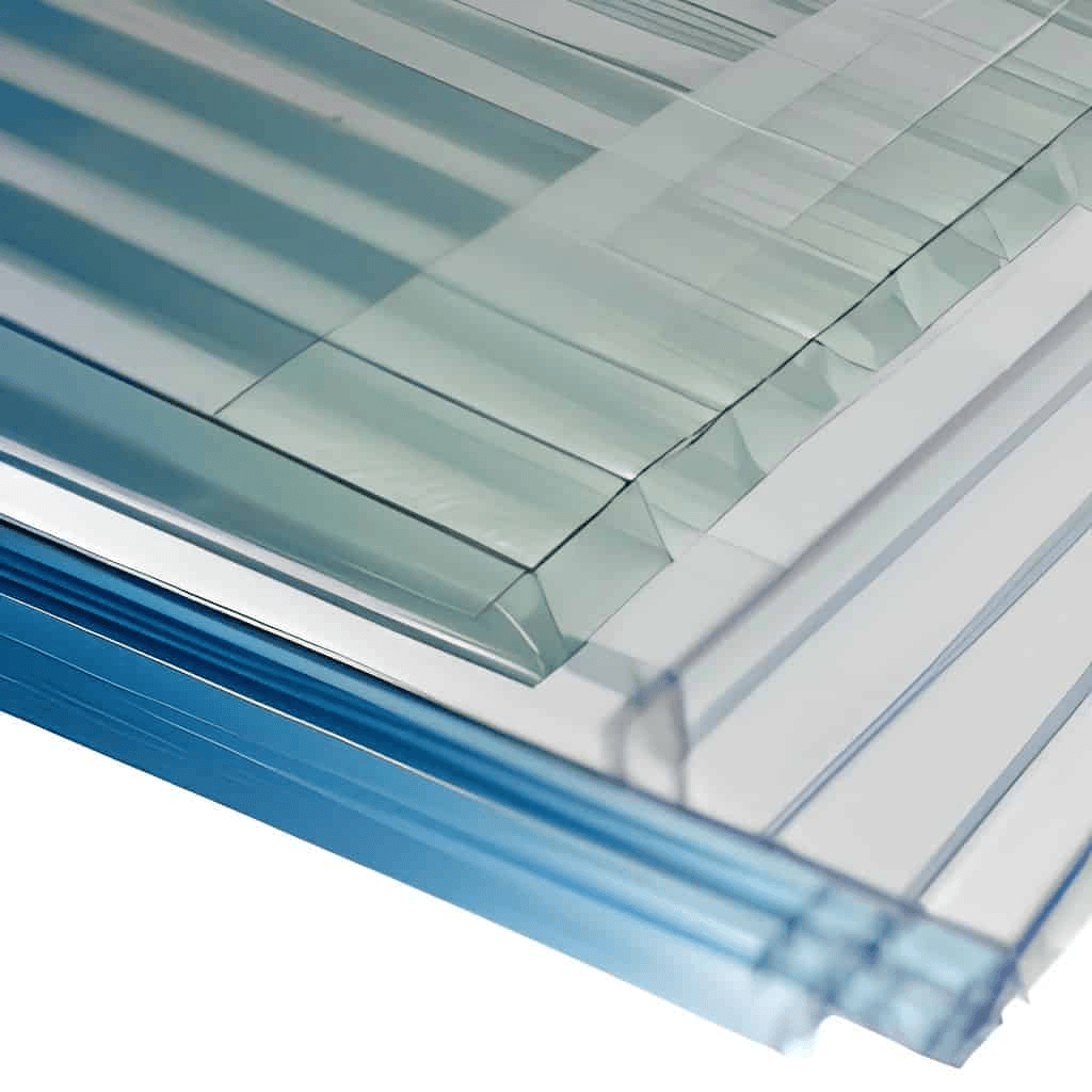 A close-up photograph displays a set of stacked, multiwall polycarbonate glazing panels. A single, clear polycarbonate panel with wide vertical ribs rests over a base of multiple stacked panels with narrower ribs, which show a clear or pale-blue coloration along their cut edges.