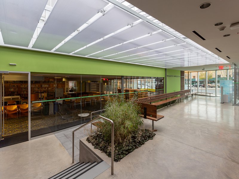 A bright entryway with lightweight ceiling panels